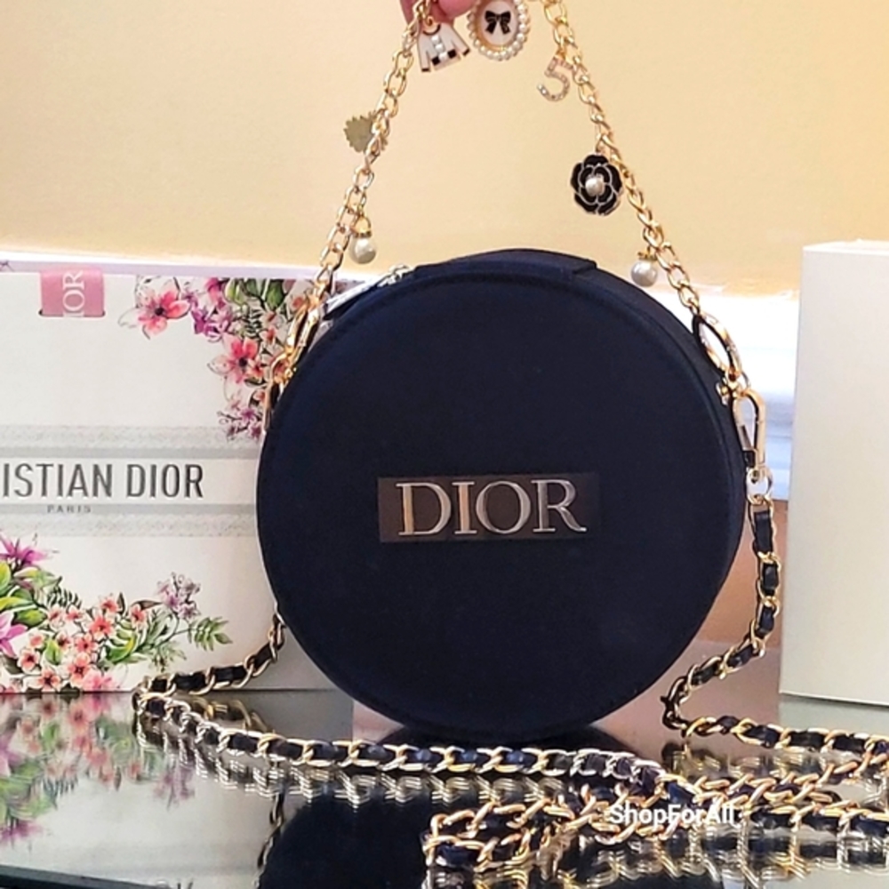 💥💥 Dior Vanity Pouch Makeup Case with inner mirror Black circular 15×7c